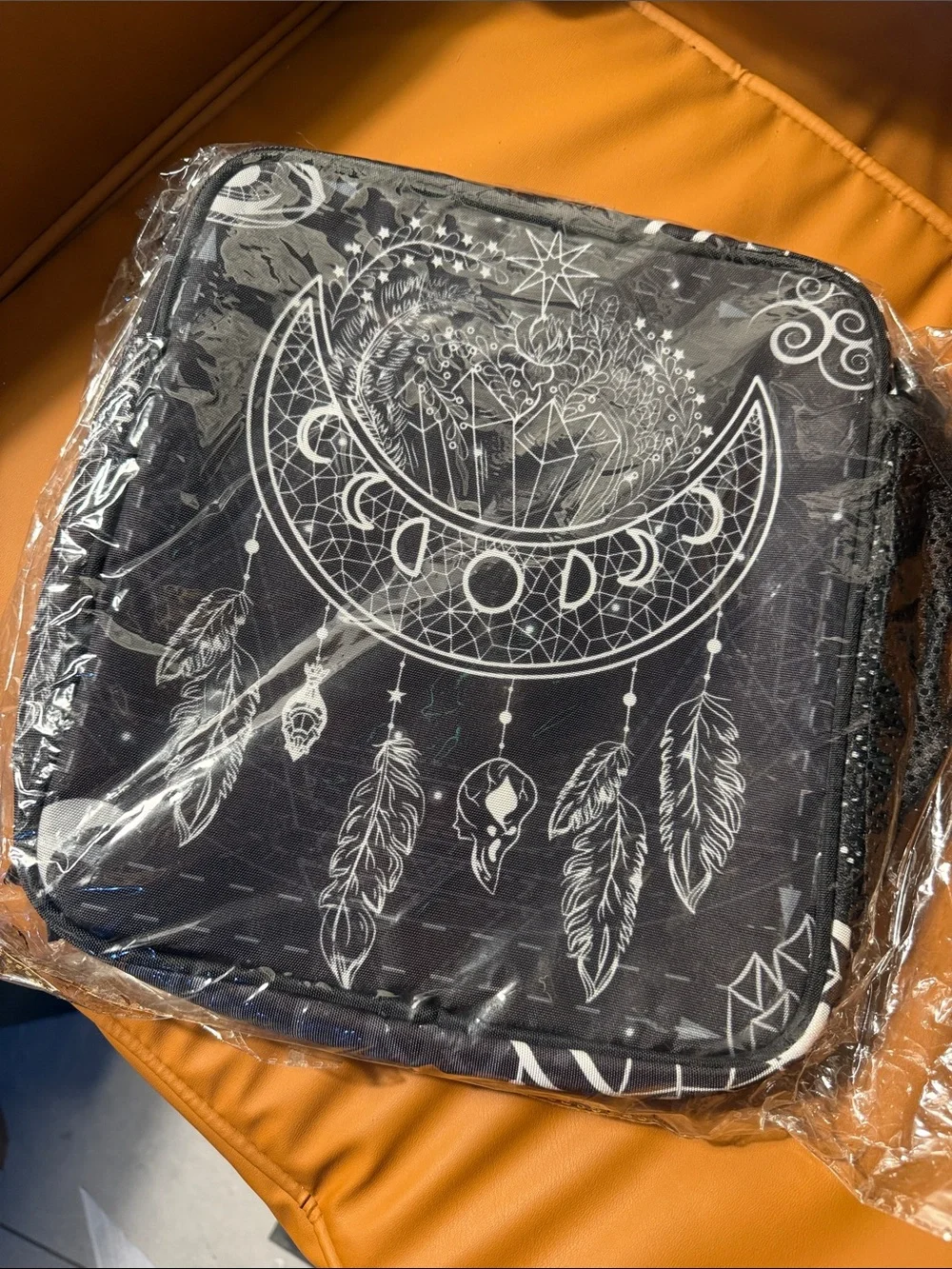 Black Crescent Moon & Feather Printed Crossbody Bag